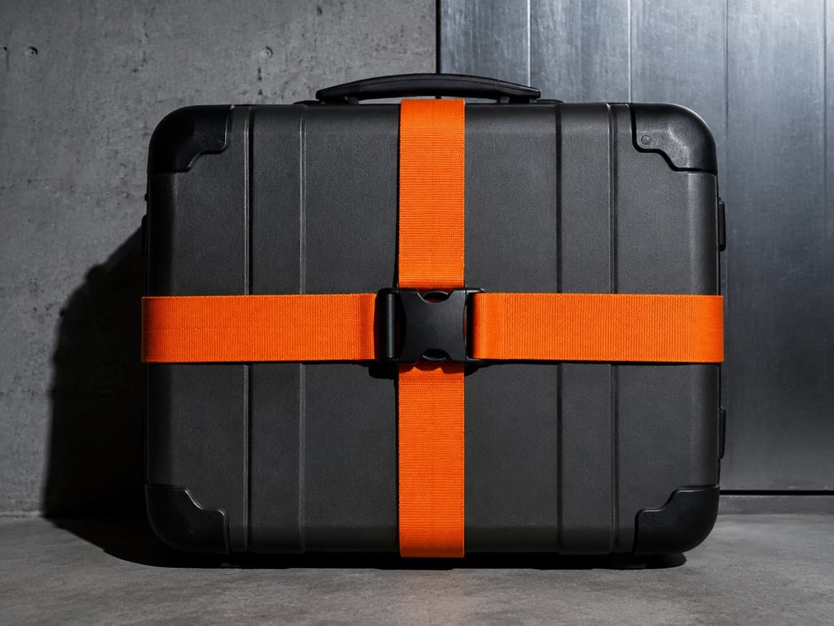Two woven polyester straps crossing at right angles over the face of a hard-shell case.
