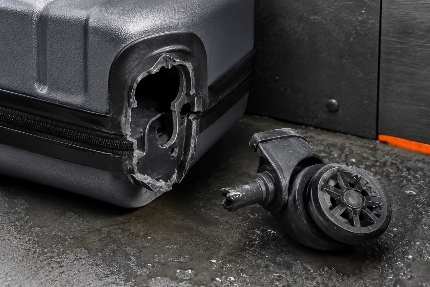 Extreme close-up of a snapped-off spinner wheel housing on a case lying on wet concrete.