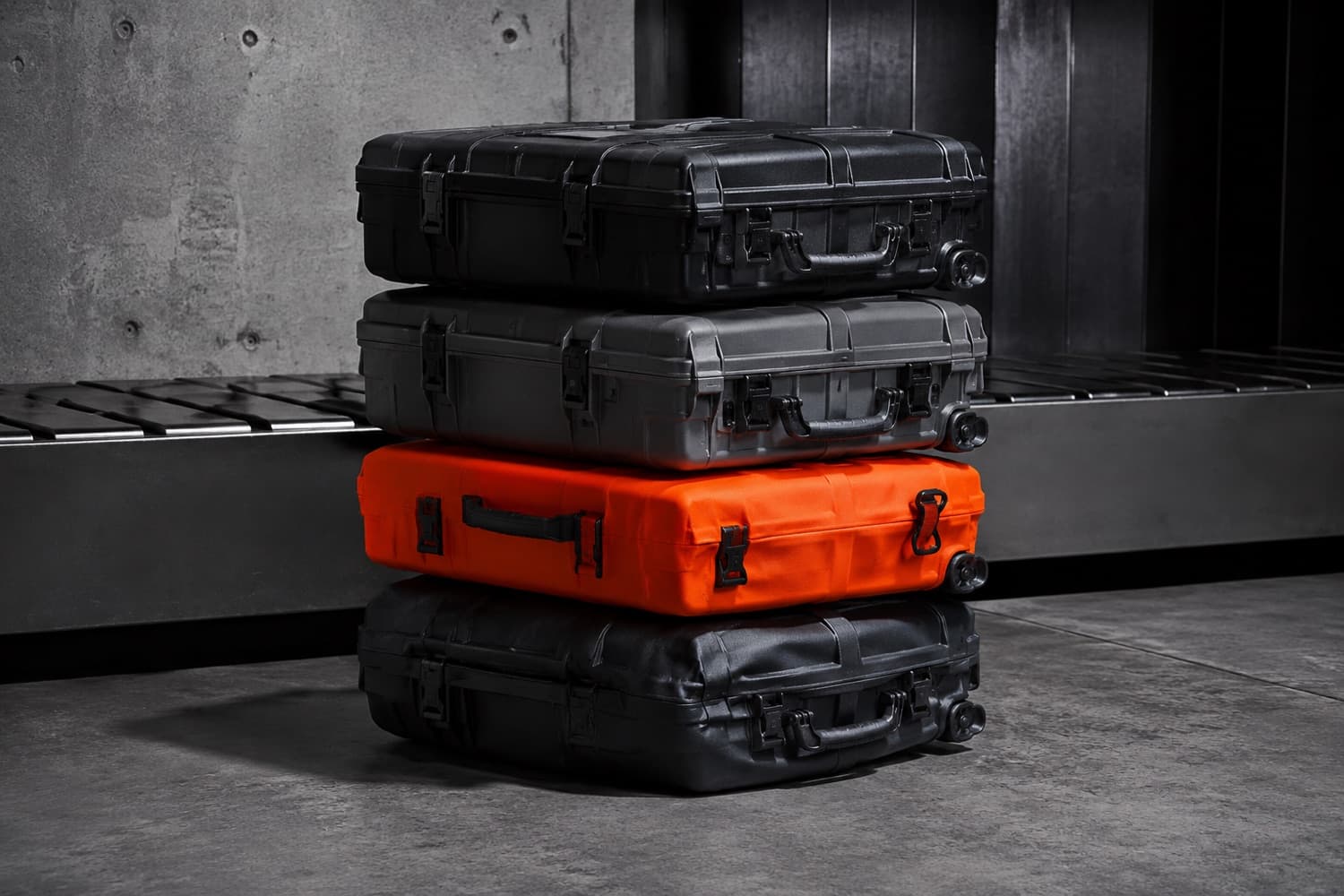 Cases stacked four high in a holding area, the bottom case compressed under the load.