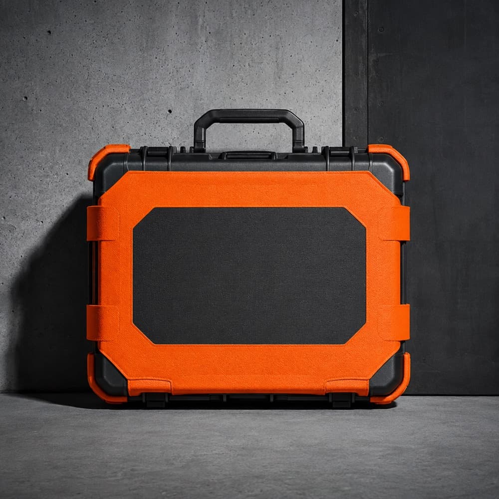 A high-visibility hazard-orange cover with a charcoal contrast panel, mounted on a case.